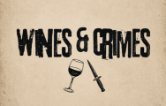 brown background with wine and crimes written on and a wine glass and dagger underneath